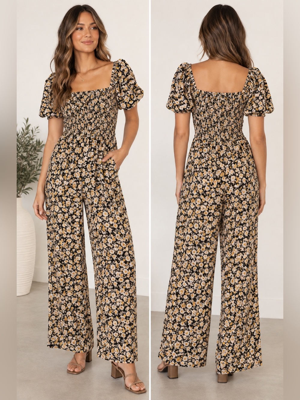 Petal + Pup Jolene Floral Smocked Jumpsuit Black Ditsy Floral M